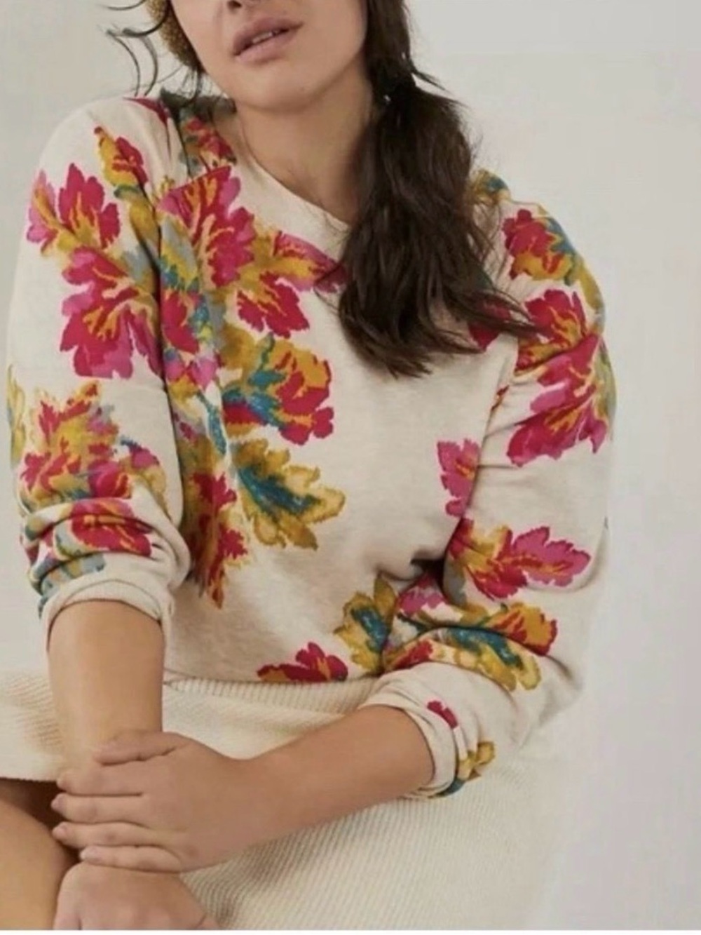 Anthropologie Cream Crewneck Sweatshirt with Pink & Gold Floral Print XS